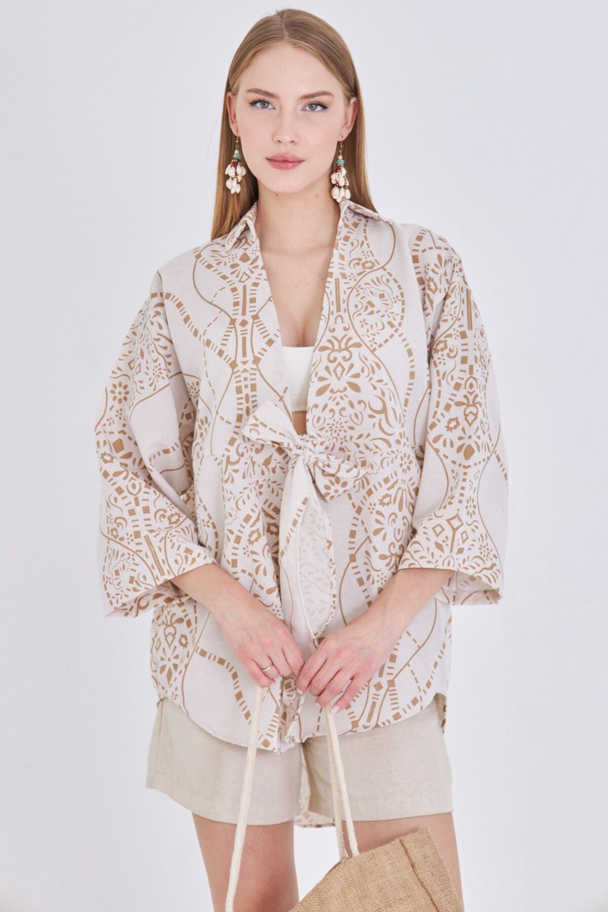 Women's Cream Patterned Linen Look Front Tie Kimono Shirt ARM-24Y001079