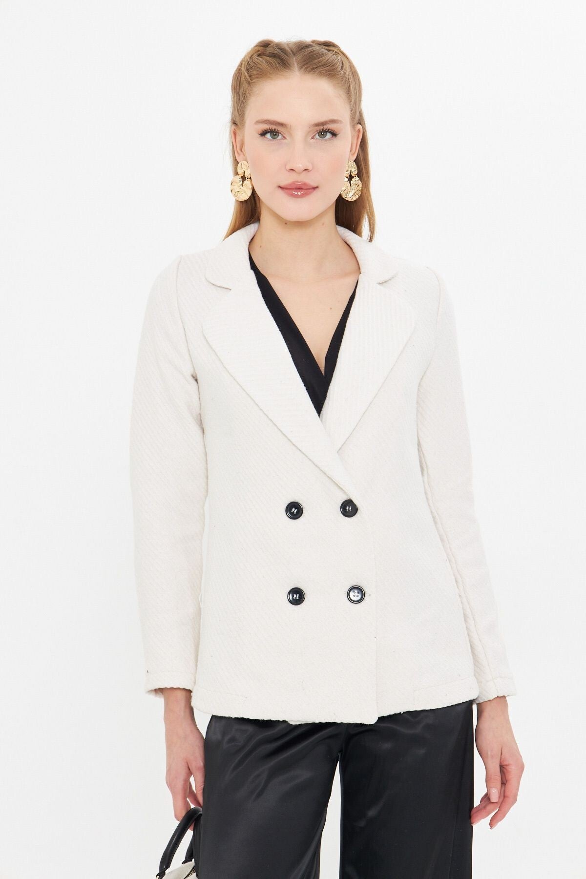 Women's White Stripe Patterned Four-Button Stash Jacket ARM-24K001037