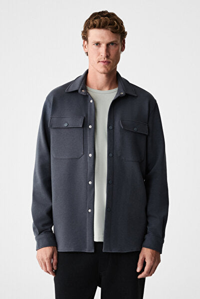 MAZE Men's Special Textured Thick Fabric Anthracite Jacket with Pockets and Snap Fasteners