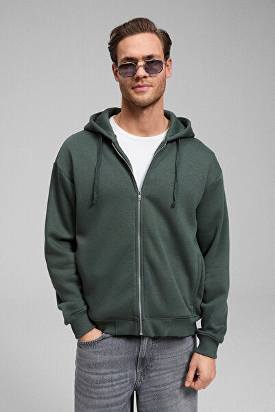 ASHBY Men's Hooded Zippered Pocket Corded Boxy Green Sweatshirt