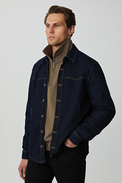 Borna Men's Rinse Denim Comfortable Wide Cut Jacket Look Navy Blue Jacket