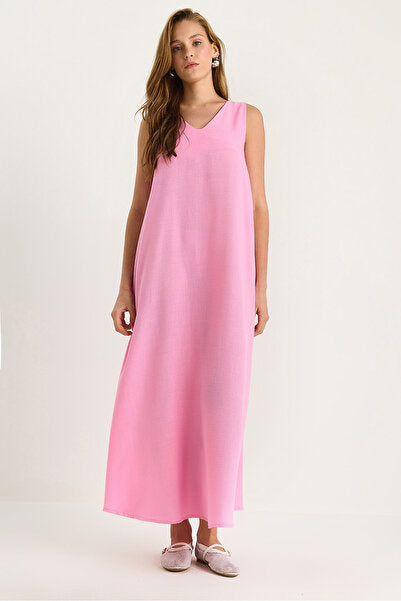 Women's V-Neck Thick Strap Long Linen Dress 442 60283172