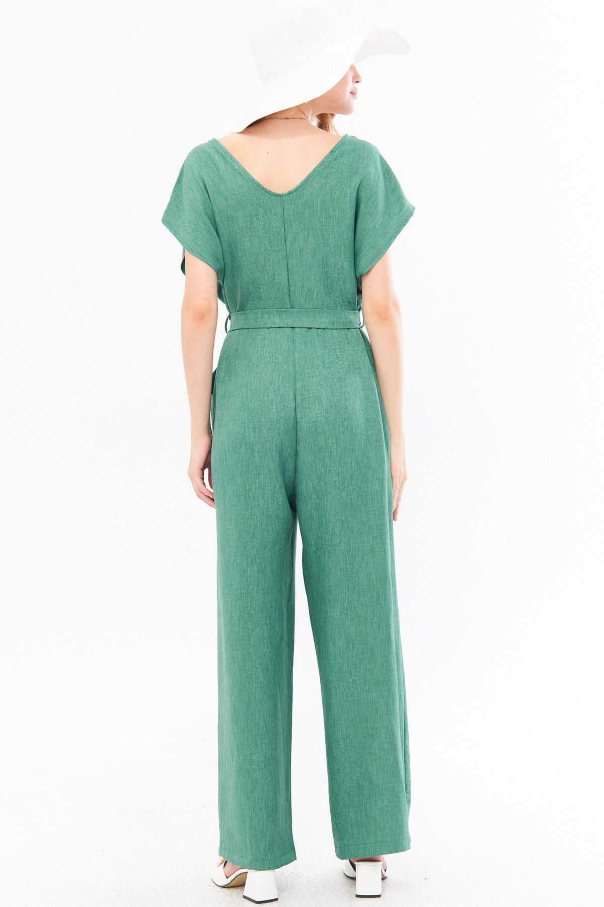 Women's Green Double Breasted Collar Back V Detailed Pocket Belted Wide Leg Jumpsuit ARM-24Y001073