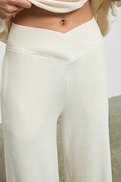 ARTREOS Women's Soft and Flexible Fabric Asymmetrical Belted Ecru Sweatpants