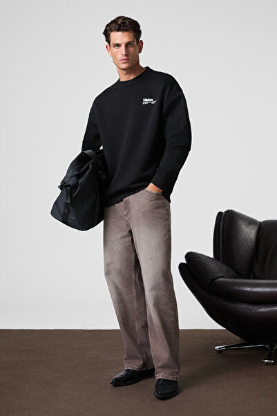 Ernest Men's Organic Cotton Soft Print Detailed Crew Neck Black Sweatshirt with Fleece Inside