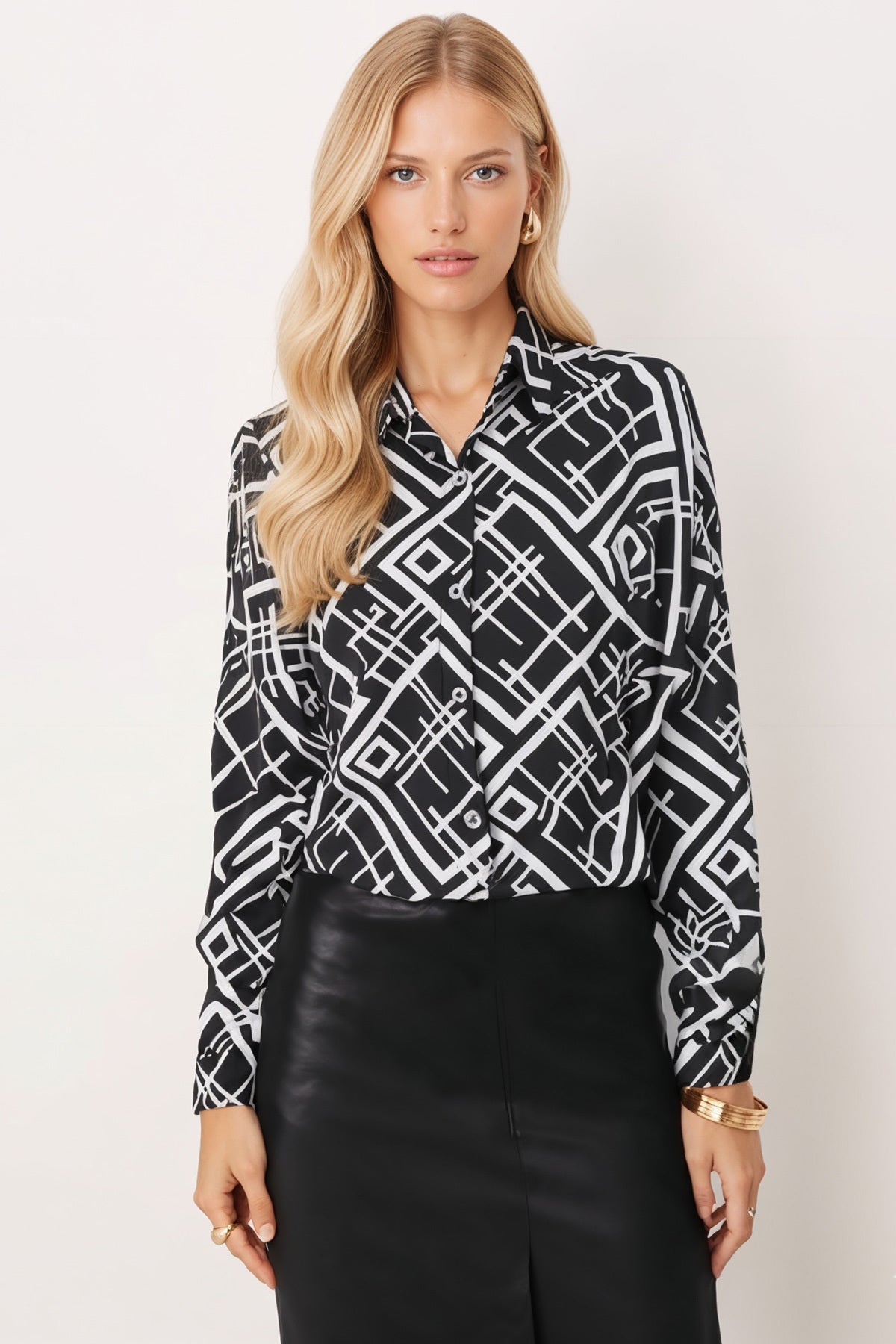 Women's Black Square Pattern Oversize Long Basic Shirt Arm-22Y001144