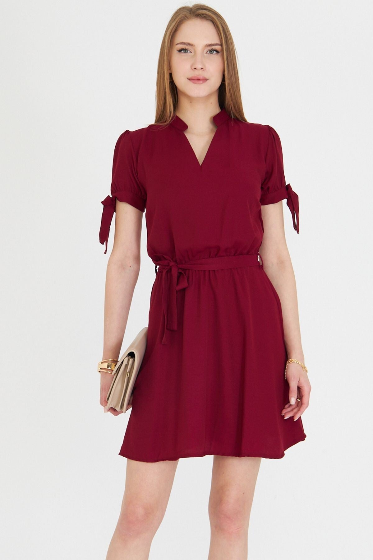 Women's Burgundy Collar Sleeve Tied Waist Elastic Belted Short Dress ARM-23Y001088