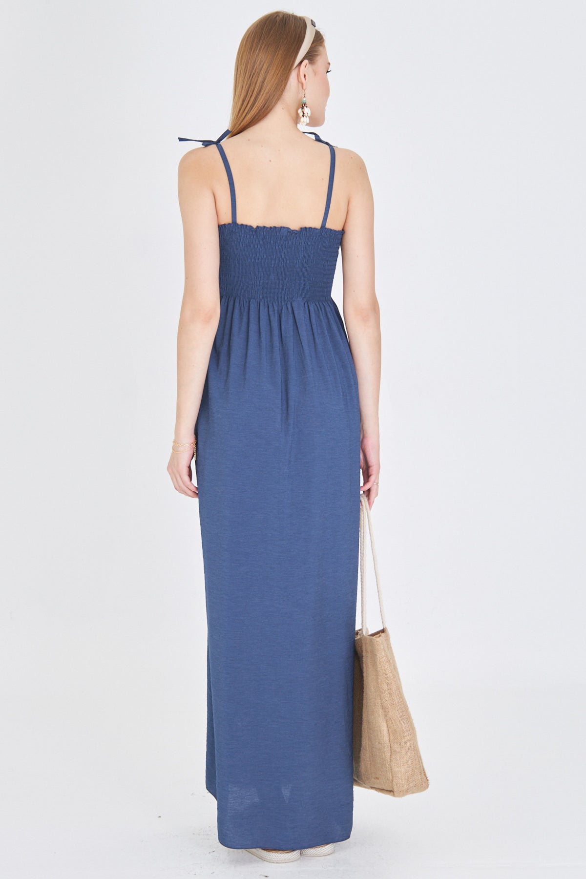 Women's Navy Blue Straps Lace Up Chest Gimp Elastic Long Dress ARM-25Y001069