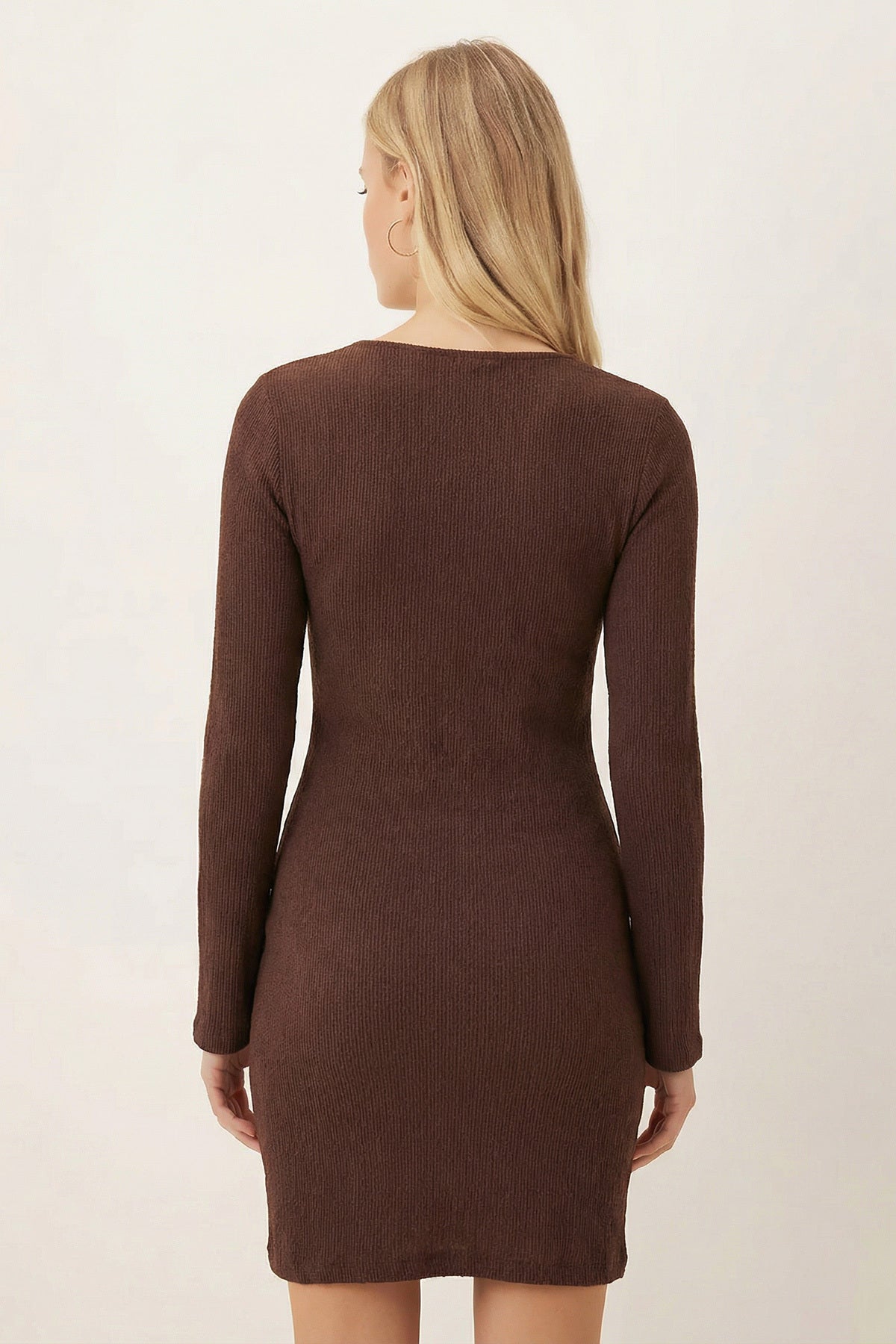Women's Brown Asymmetrical Collar Long Sleeve Dress ARM-26K001069