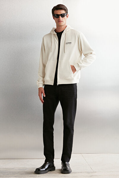 Aksel Men's Soft Organic Cotton Oversize Zippered Printed Hooded Stone Color Sweatshirt