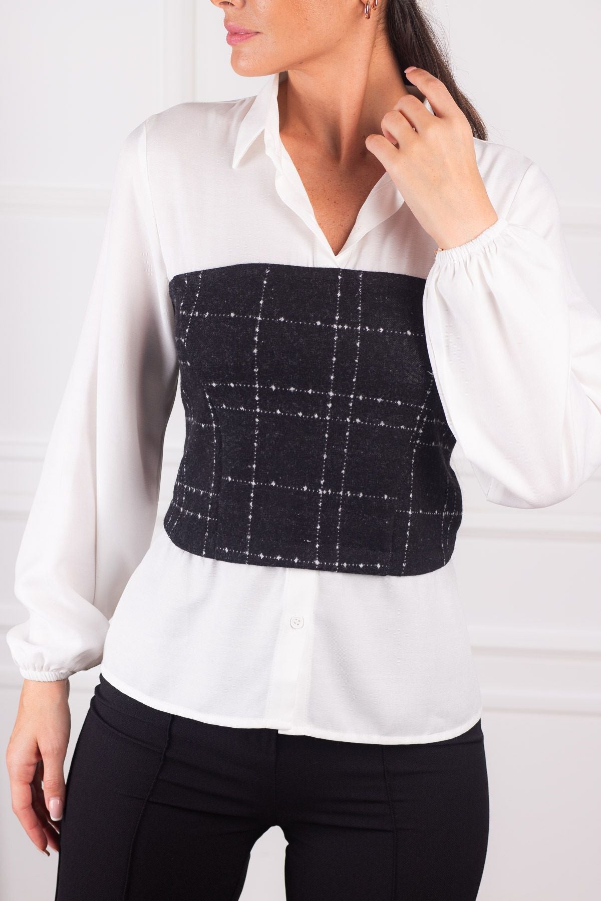 Women's White Corset Detailed Gathered Waist Long Sleeve Shirt ARM-24K001012