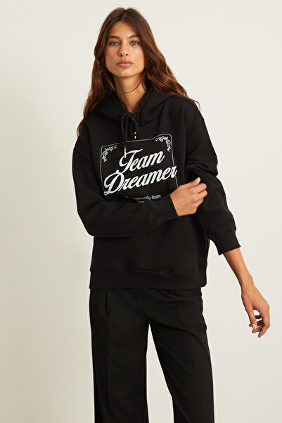 Sabine Women's Print Detailed Fleece Hooded Kangaroo Pocket Relaxed Fit Black Sweatshirt