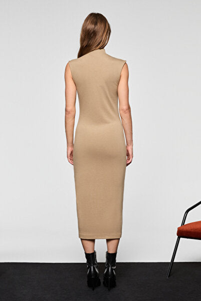 FABIENNE Women's High Collar Sleeveless Zipper Mink Dress