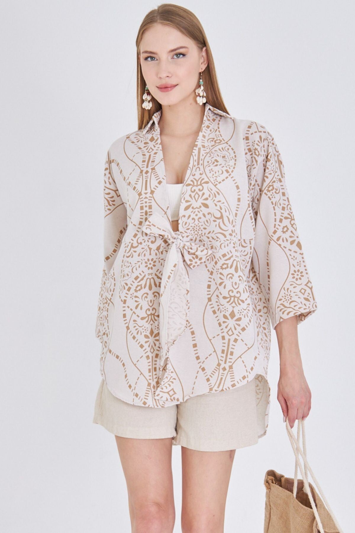 Women's Cream Patterned Linen Look Front Tie Kimono Shirt ARM-24Y001079