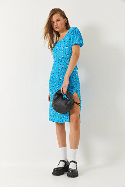 Women's Back Detailed Slit Square Neck Short Sleeve Floral Pattern Dress 60261462