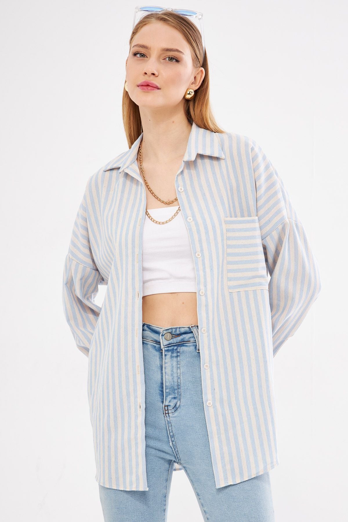 Women's Baby Blue Striped Long Sleeve Pocket Detailed Pleated Oversize Shirt ARM-24Y001057