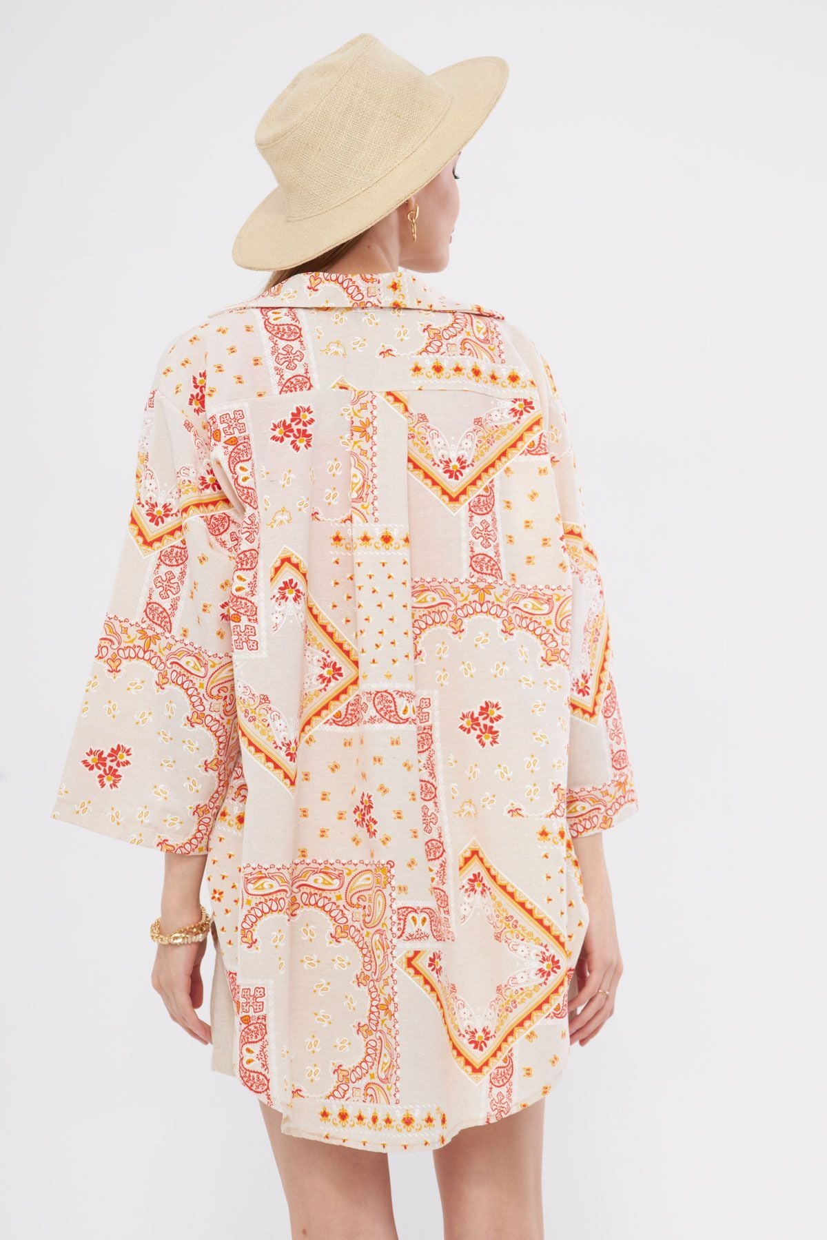 Women's Yellow Patterned Linen Look Front Tie Kimono Shirt ARM-24Y001079