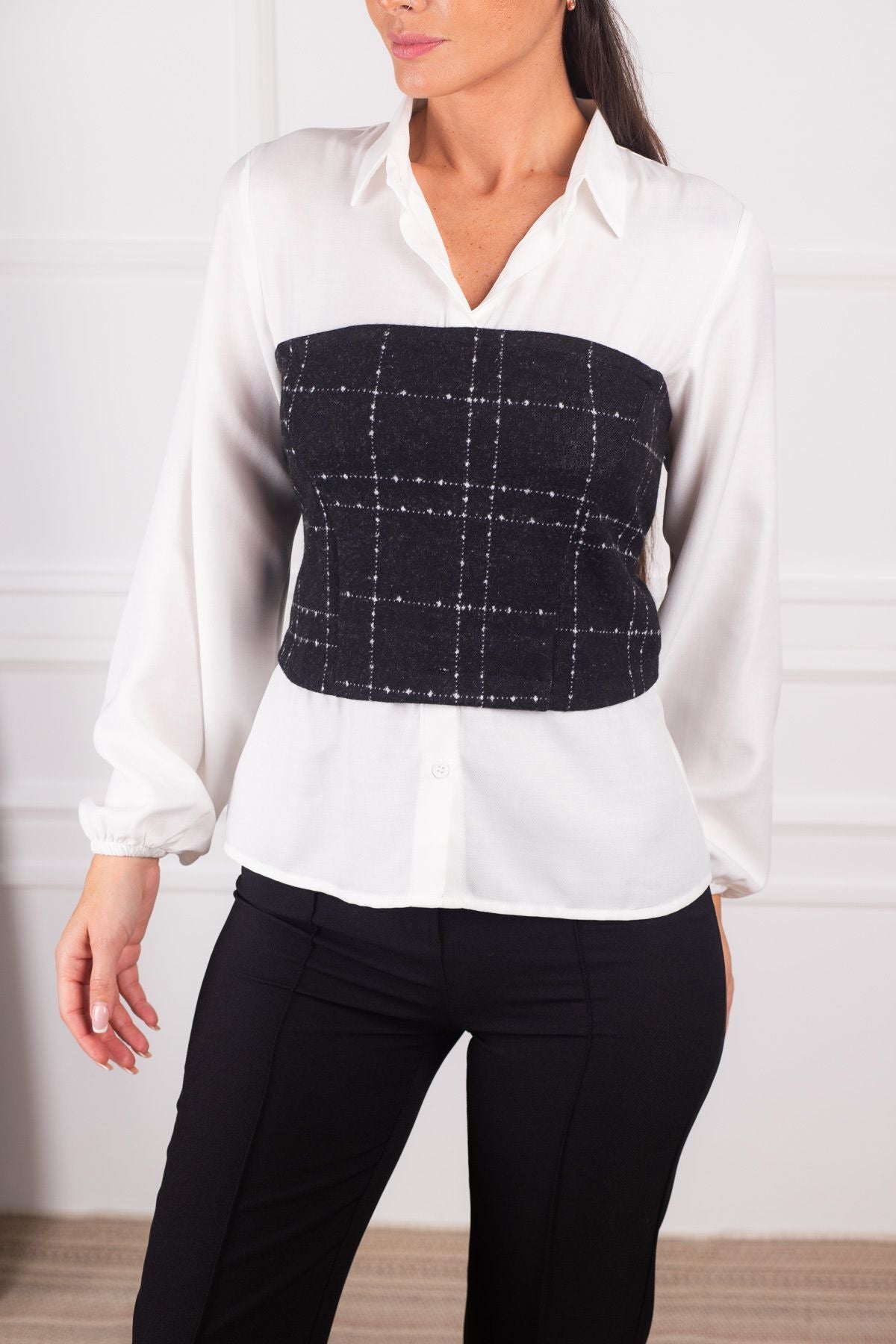 Women's White Corset Detailed Gathered Waist Long Sleeve Shirt ARM-24K001012