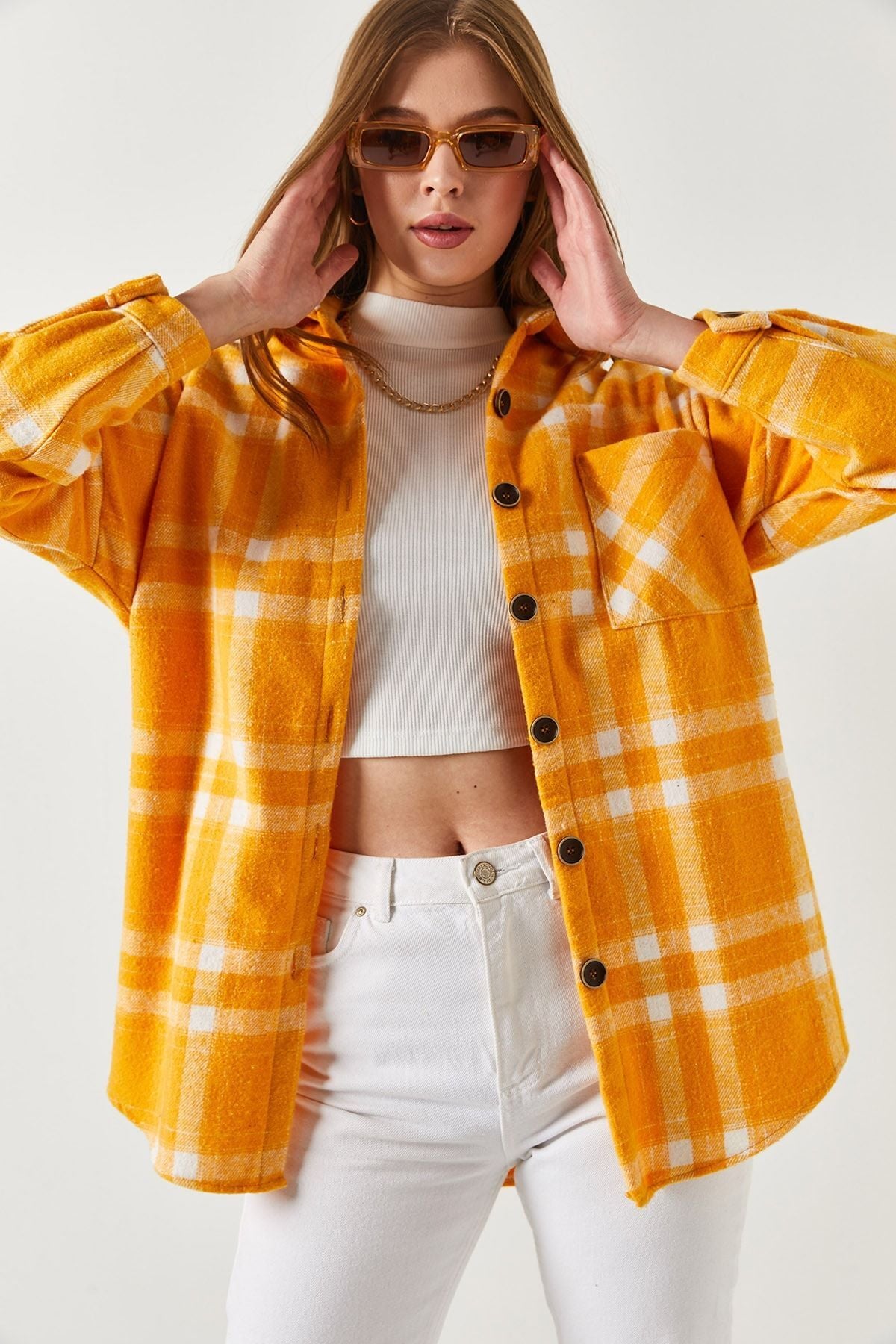 Women's Yellow Plaid Pattern Oversize Pocket Shirt ARM-22Y001199