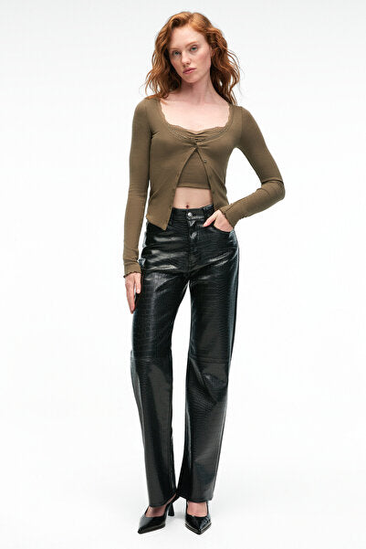 ELVURA Women's Stretchy Fabric Buttoned Blouse with Lace Detail on the Collar and Athlete Two-piece Khaki Blouse