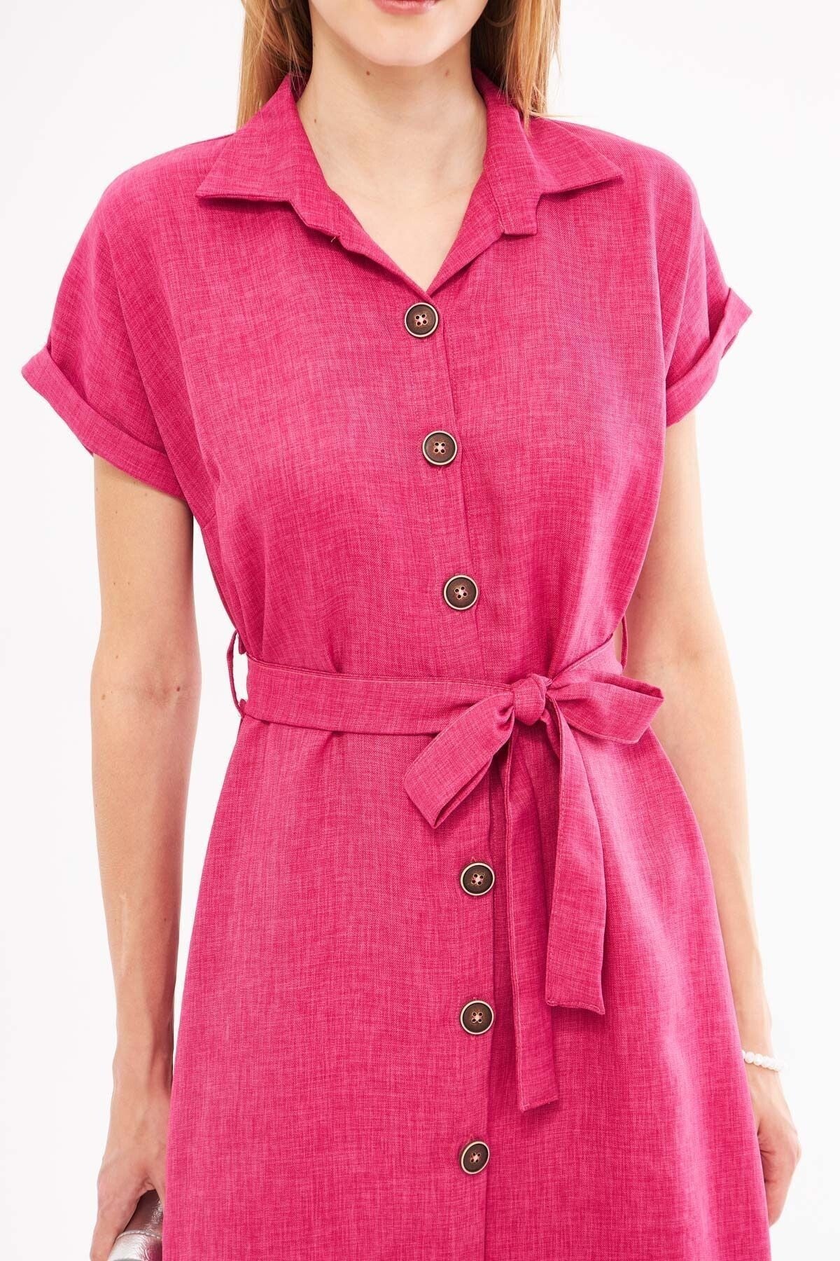 Women's Fuchsia Linen Look Belted Short Sleeve Shirt Dress ARM-24Y001084