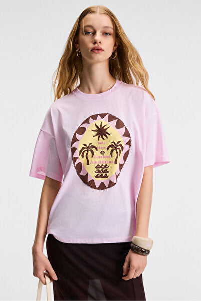 VEYMIRA Women's 100% Cotton Crew Neck Short Sleeve Oversize Fit Pink T-Shirt