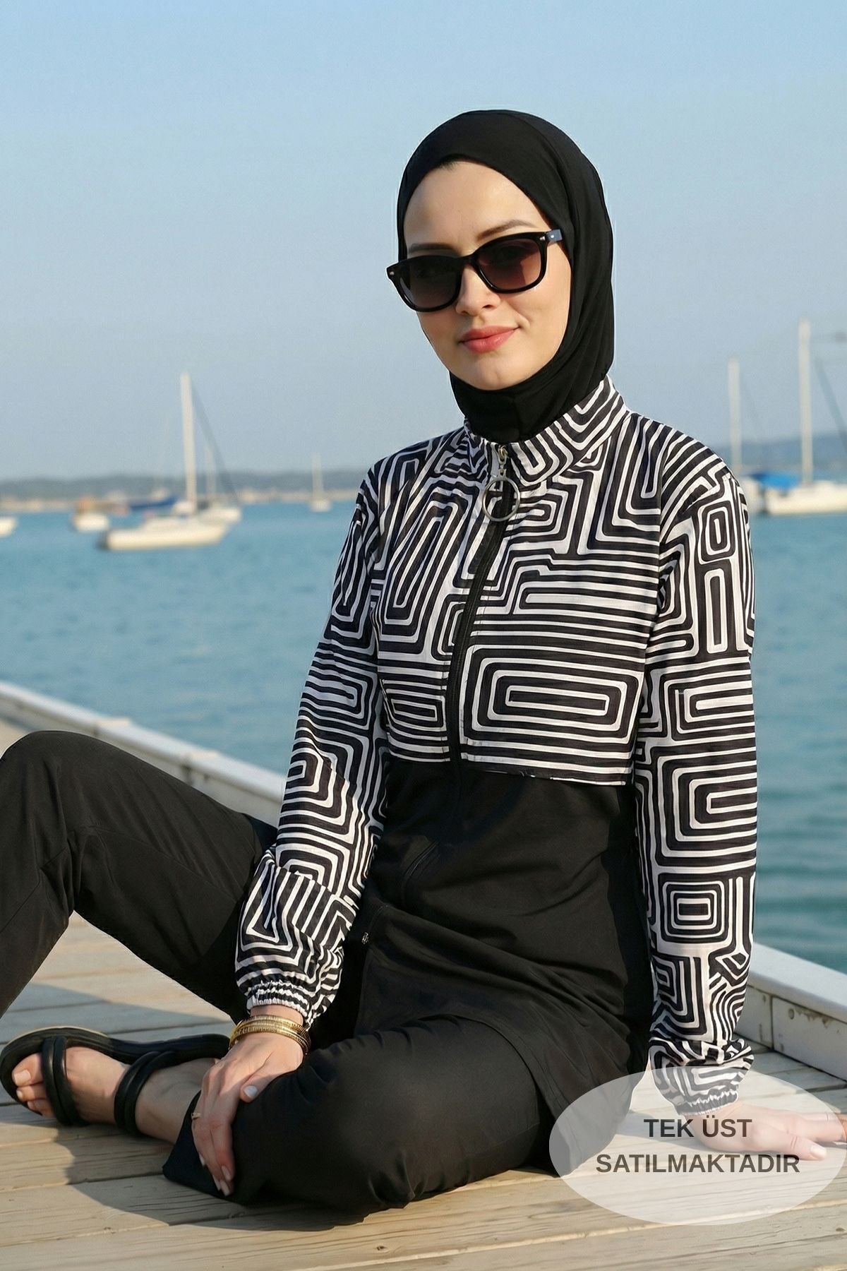 Patterned Top, Collar, Front Zipper, Elastic, Quick-Drying Burkini Hijab One-Top Swimsuit