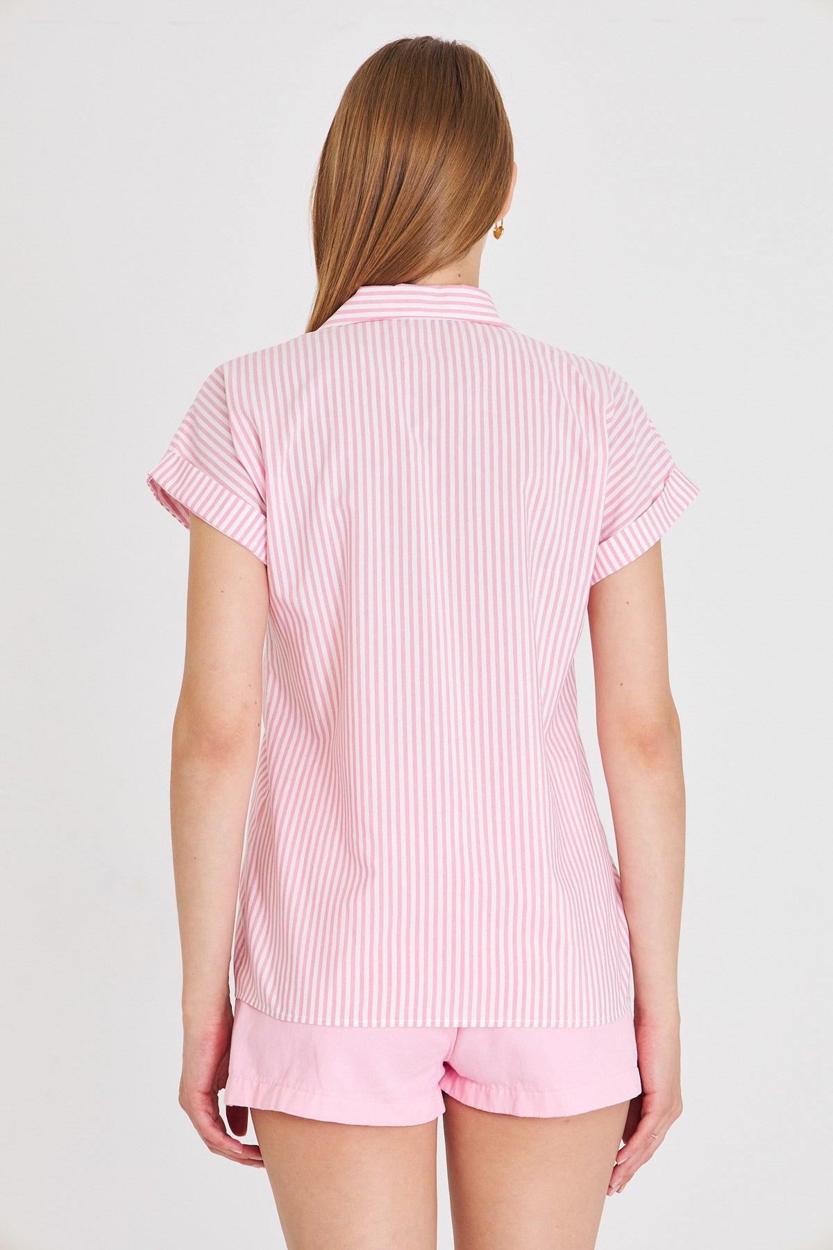 Women's Pink Striped Short Sleeve Shirt ARM-25Y001059