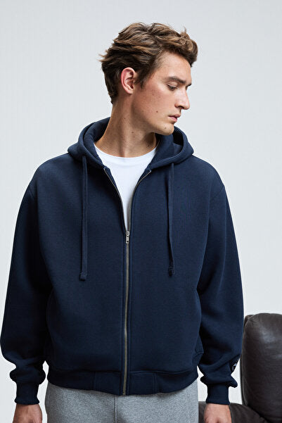 ASHBY Men's Hooded, Zippered Pocket, Drawstring Regular Fit Navy Blue Sweatshirt