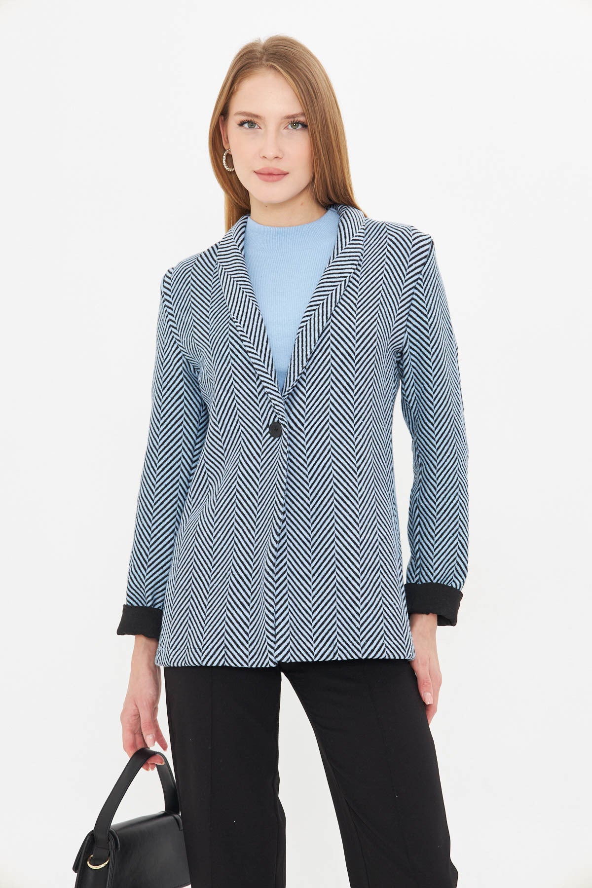 Women's Baby Blue Herringbone Pattern Sleeve Folded Single Button Stash Jacket ARM-24K001066