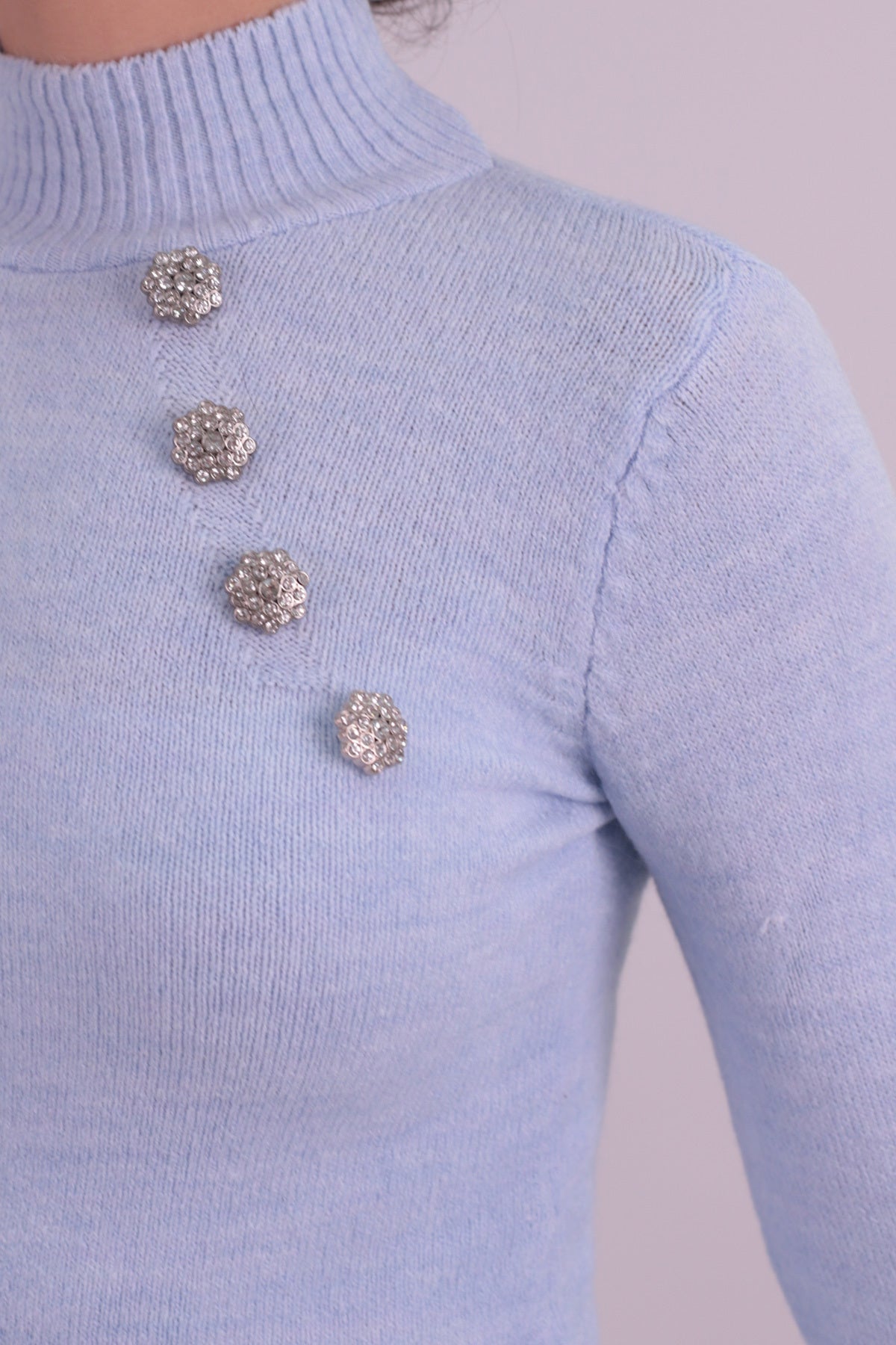 Women's Blue Half Turtleneck Stoned Knitwear Dress ARM-26K136046