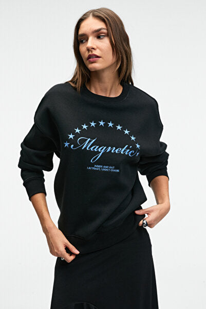 VISTARA Women's Embroidery Detailed Round Neck Regular Fit Black Sweatshirt