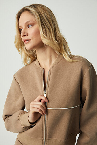 ANYUL Women's Relaxed Bomber Collar Mink Sweatshirt