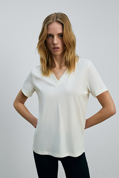 ALINE Women's 100% organic Cotton Deep V-Neck Comfort Fit Ecru T-Shirt