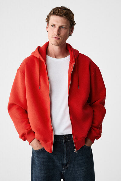 ASHBY Men's Hooded Zipper Pocket Cord Boxy Fit Red Sweatshirt