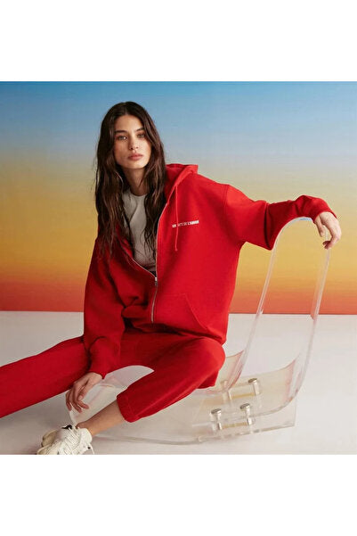 Ametıs Women's Oversize Organic Cotton Metal Zipper Hooded Red Sweatshirt