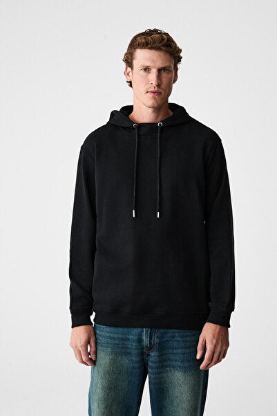 ALESSIO Men's 100% Cotton Hooded Cord Detailed Oversize Fit Black Sweatshirt