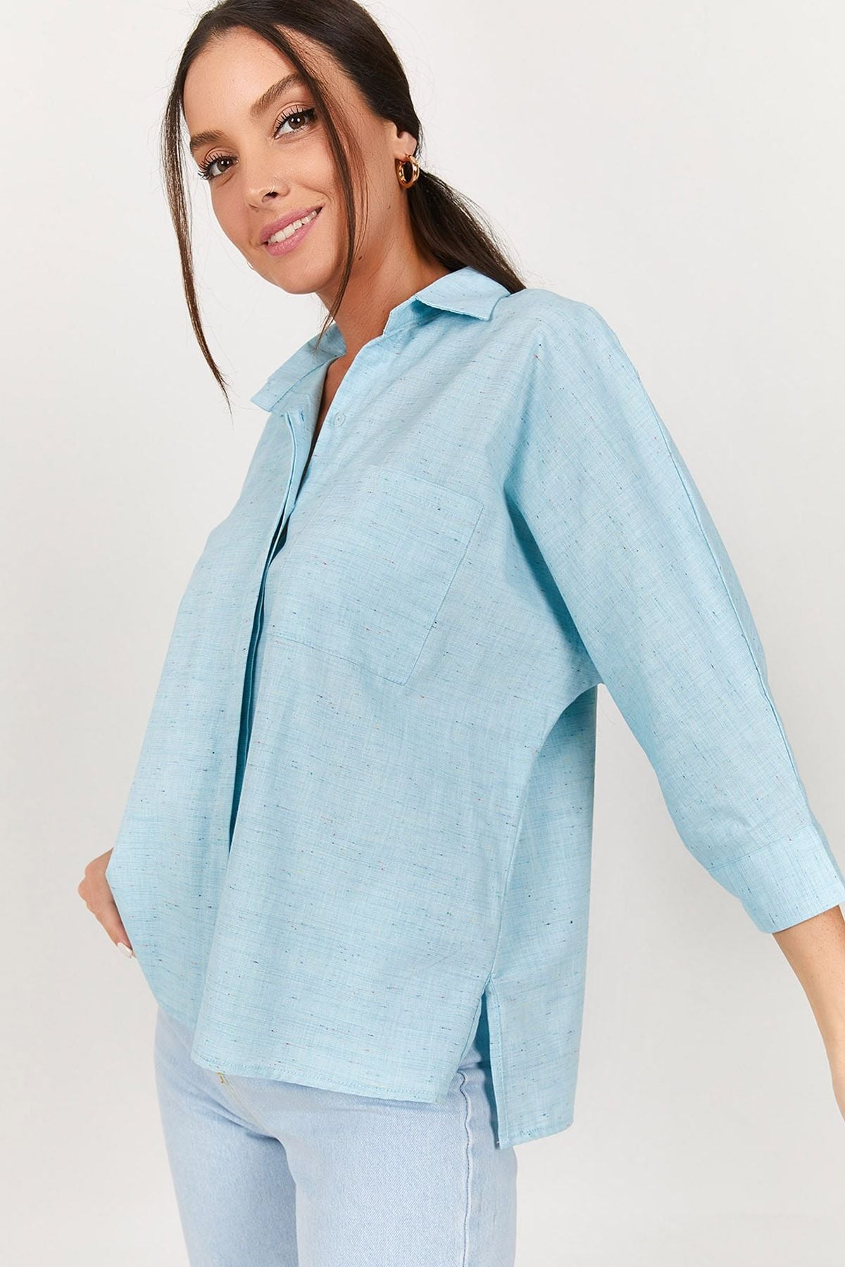Women's Baby Blue POCKET LINEN SHIRT ARM-21Y001035