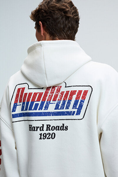 ABISMO Men's Hooded Kangaroo Pocket Sleeves and Back Printed Relaxed Fit White Sweatshirt