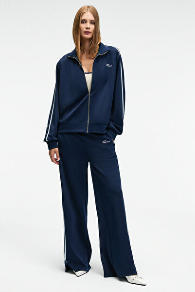 ZINNIE Women's Regular Embroidery and Side Stripe Detailed Metal Zipper High Collar Navy Blue Jacket