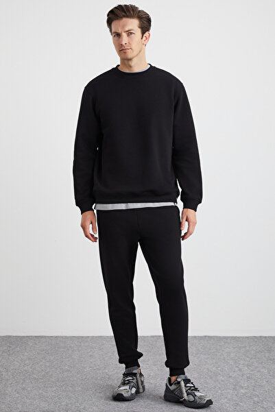 Adens Men's Regular Organic Cotton Premium Fabric Raised Elastic Leg Black Sweatpants