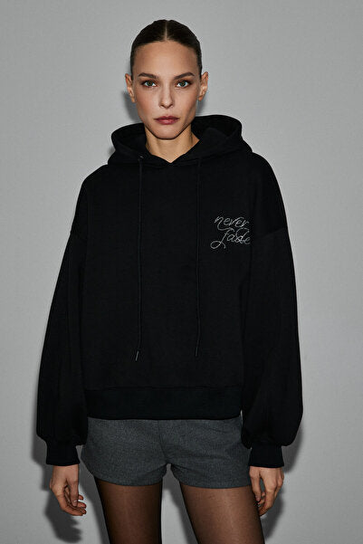 ASTERELLE Women's Cotton Fleece Inside Oversize Hooded Backpack Detailed Black Sweatshirt