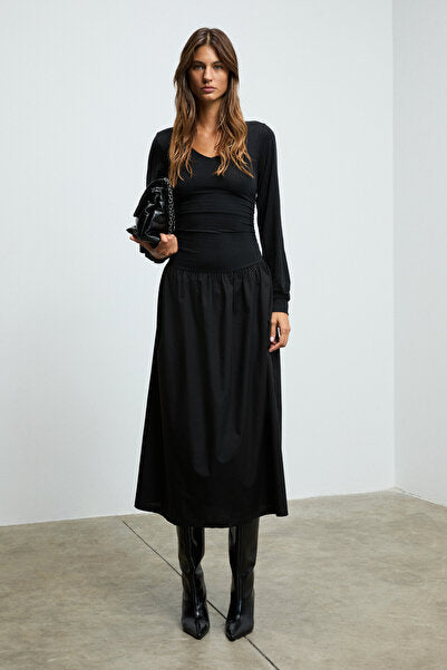 PANI YOKEND Women's V-Neck, Gather Detailed, Flexible Fabric Skirt Poplin Black Dress