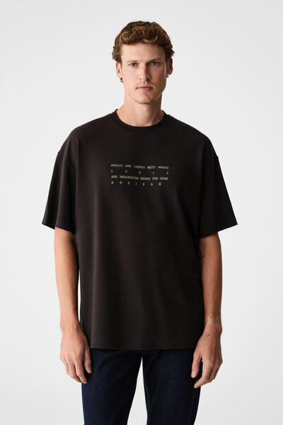ANGLES Men's 100% Organic Cotton Printed Crew Neck Oversize Bitter Brown T-Shirt