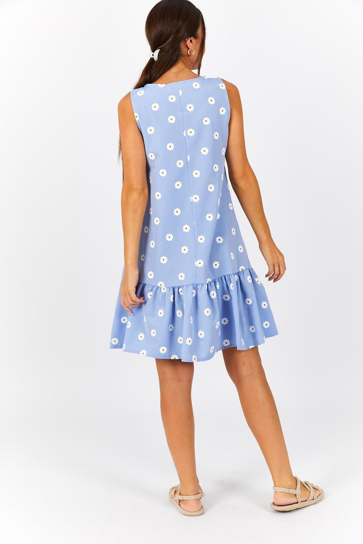 Women's Baby Blue Daisy Pattern Sleeveless Skirt Ruffle Dress ARM-22Y001123