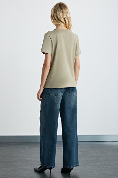 Aline Women's 100% Organic Cotton Deep V-Neck Comfort Fit Beige T-shirt