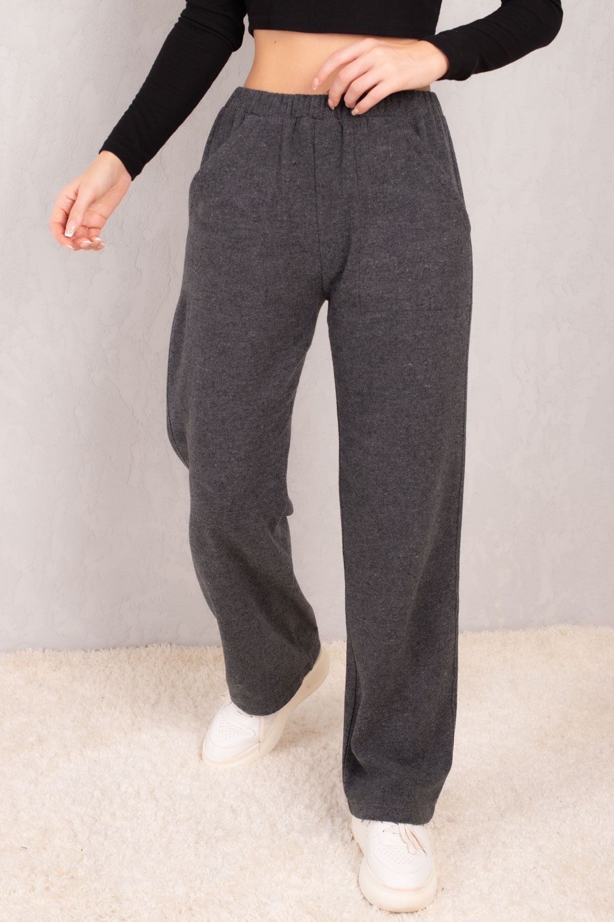 Women's Anthracite Elastic Waist Pocket Wide Leg Trousers ARM-24K001047