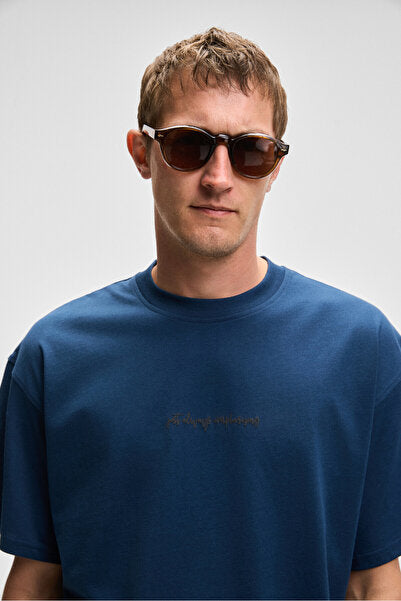 BENFICA Men's 100% Organic Cotton Print Detailed Oversize Short Sleeve Crew Neck Navy Blue T-Shirt