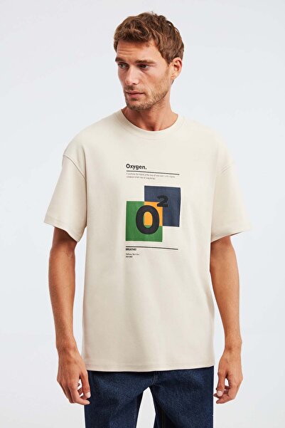 Prismatic Men's 100% Organic Cotton Special Thick Textured Breathable Oversize Printed Beige T-shirt