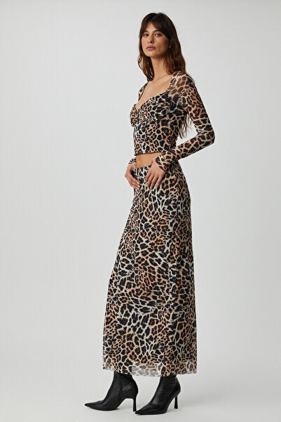 BEULAH Women's Maxi Length Slim Fit Elastic Waist Tulle Batik Patterned Leopard Patterned Skirt